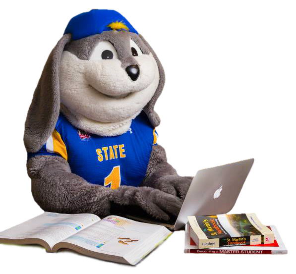 Jacks the Jackrabbit carrying books and wearing a bookbag